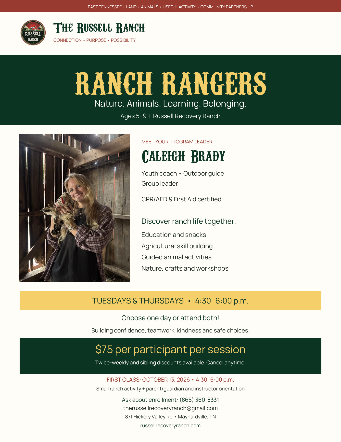 Ranch Rangers flyer featuring program leader Caleigh Brady. For children ages 5–9, Tuesdays and Thursdays from 4:30 to 6:00 p.m.; $75 per participant per session, with twice-weekly and sibling discounts available.