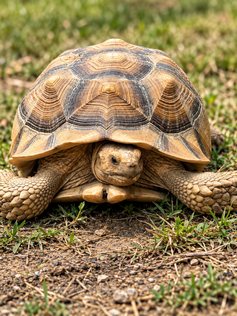 A tortoise facing the camera on grass and soil in warm sunlight.