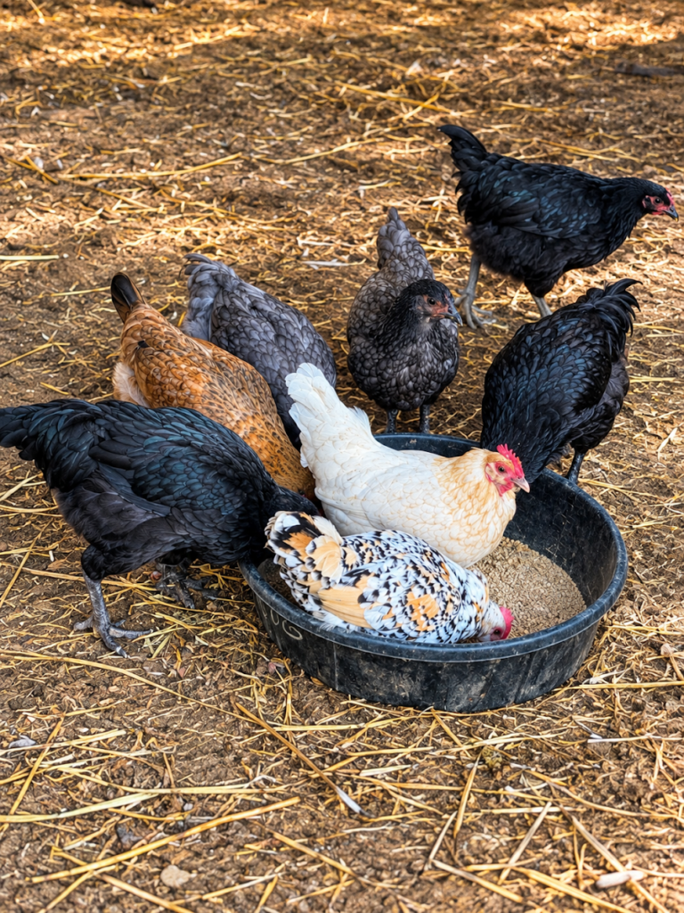 Chickens with black, gray, white, and patterned feathers gathered around a feed bowl.