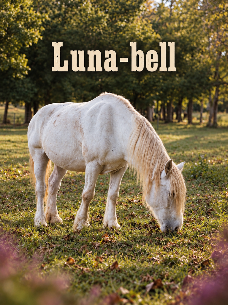 Luna-Bell grazing among autumn leaves, with her name above the photograph.