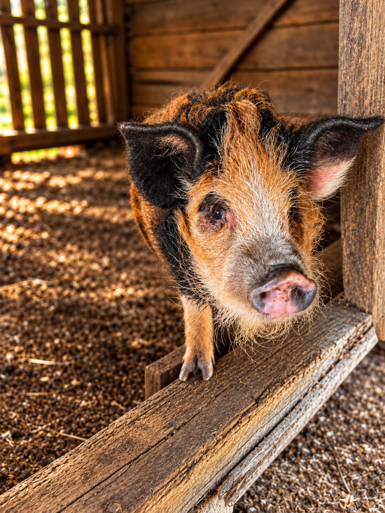 A black and golden-haired pig looking toward the camera inside a wooden barn.