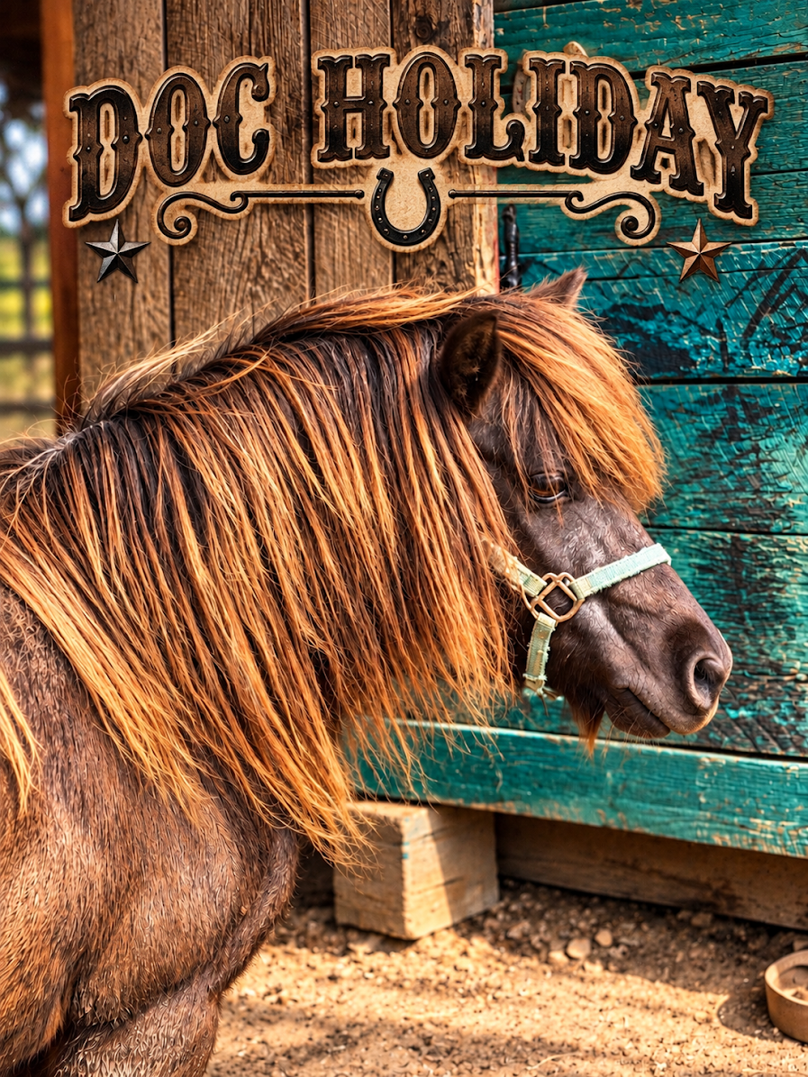 Doc Holiday beside the barn, with his name in Western lettering.